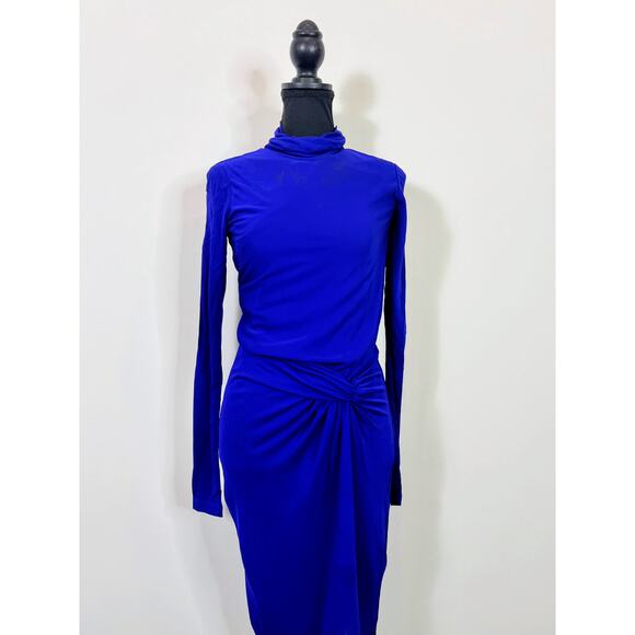 Reiss Freya Twist Front Midi Dress Cobalt Blue Size 2 Turtleneck Party Cocktail - Picture 3 of 5